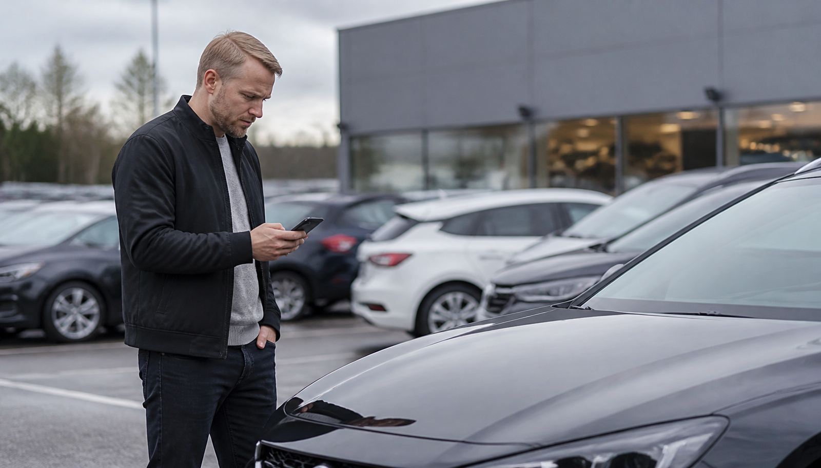 Person kontrollerar fordonsskulder inför köp av begagnad bil.