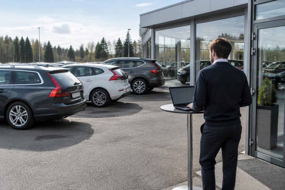 Bilhandlare arbetar med digitalt fordonslager i en svensk bilhall