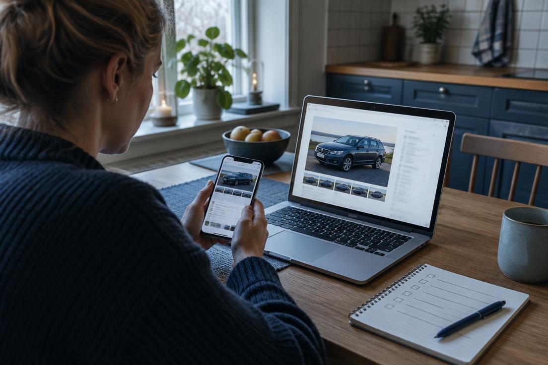 Person kontrollerar en begagnad bilannons hemifrån med mobil, dator och checklista